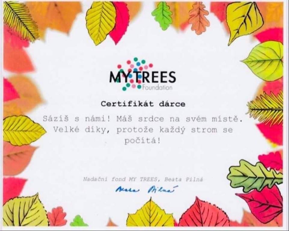 Získali jsme Certifikát dárce od Nadace My Trees
